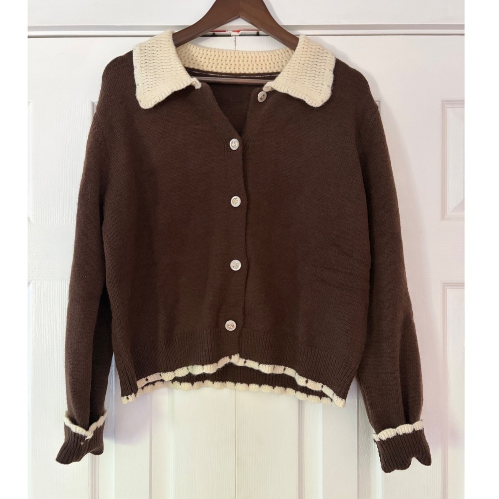 Cider Brown Knit Cardigan Sweater Contrast Scallop Trim Cream Collar Womens XL